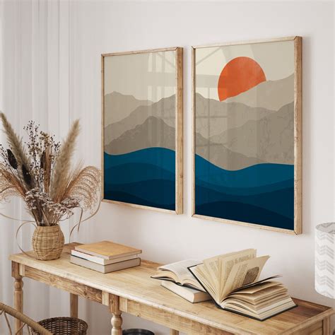 Sunset Mountain and Water Minimalist: Buy Set of 2 Paintings – Dessine Art