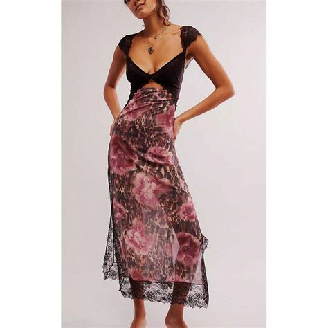 Women Y2K Lace Patchwork Floral Maxi Dress Sexy Cutout V-Neck Bodycon ...
