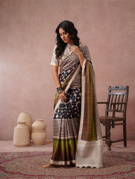Olive Sunset Designer Soft Tussar Saree – Geetha Creation