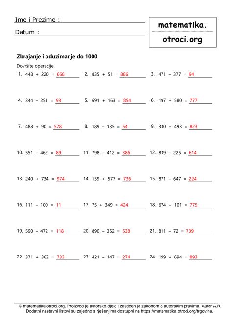 3.R. Zbrajanje i oduzimanje do 1000 - matematika