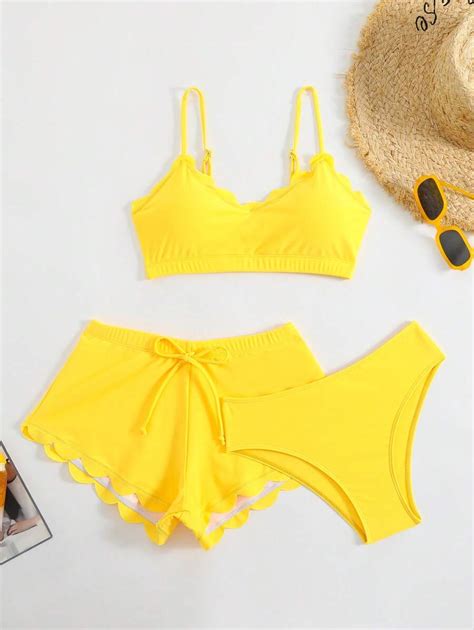 SHEIN Swim Women's 3-Piece Summer Beach Solid Color Sexy Bikini Set ...
