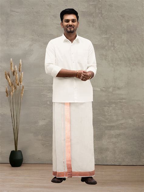 Men Kora Cotton Double Layer Dhoti with Copper Jari Border GC05