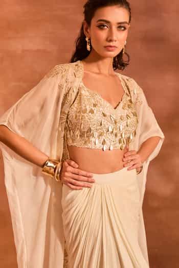 Buy Ivory Chanderi Silk, Georgette Irene Embellished Cape And Draped ...