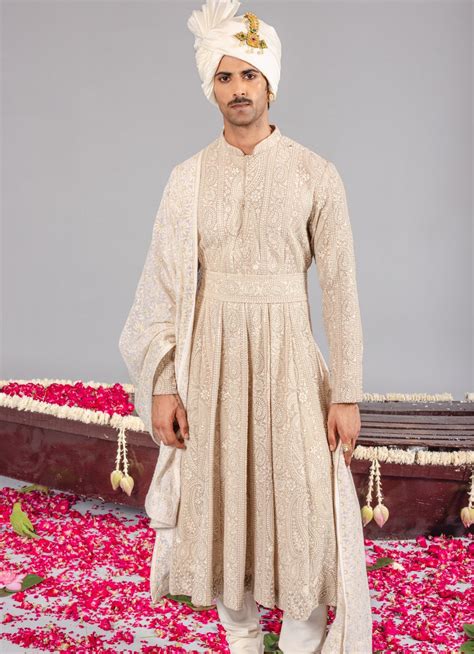 Beige Embroidered Georgette Sherwani Set - Kalpraag- Fabilicious Fashion