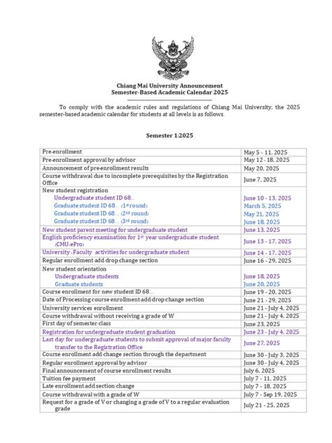 CMU Academic Calendar 2025 | PDF