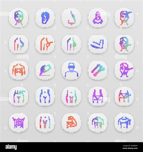 Plastic surgery app icons set. Facial surgery. Face and body surgical lifting. Male and female ...