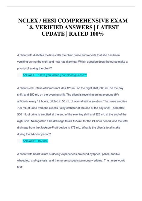 NCLEX / HESI COMPREHENSIVE EXAM `& VERIFIED ANSWERS | LATEST UPDATE ...