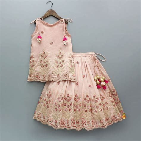 Pre Order: Floral Embroidered Sleeveless Pink Kurti And Flared Lehenga