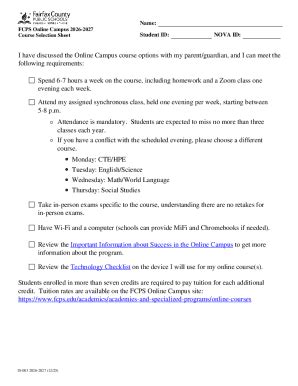 FCPS Online Campus 2026-2027 Course Selection Sheet - Blank Fillable ...