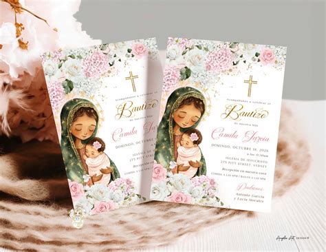 Virgen De Guadalupe Invitacione Bautizo Niña, Pink Hydrangea Spanish ...