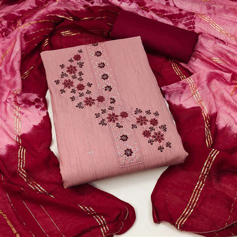 Blush Pink Cotton Blend Dress Material With Delicate Floral Thread & S