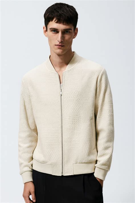 Textured Cream Minimalist Bomber Jacket – thesource