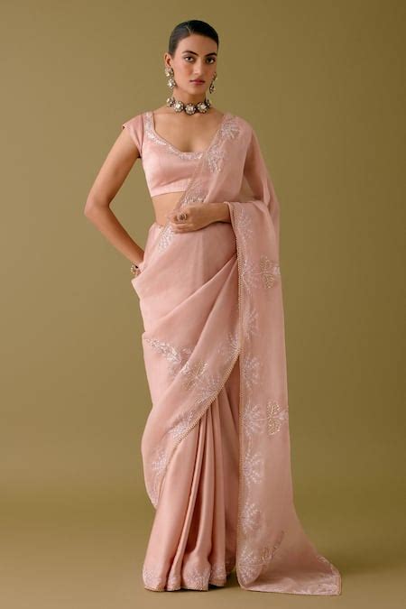 Buy Pink Organza, Satin Sequins, Floral Border Saree With Blouse For ...