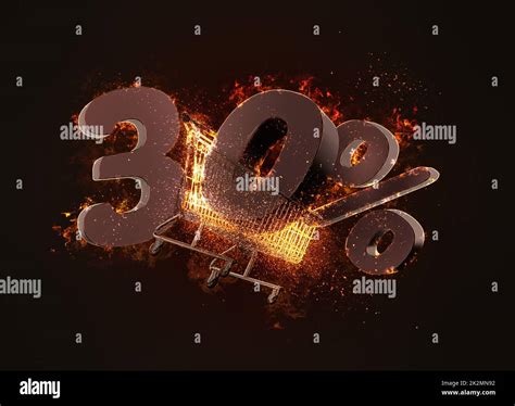 Burning shopping cart and red thirty percentage discount sign. 3D ...