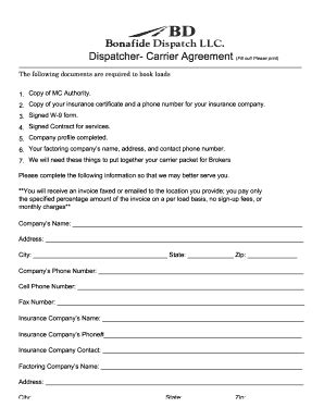 Fillable Online Dispatcher- Carrier Agreement (Fill out! Please print ...