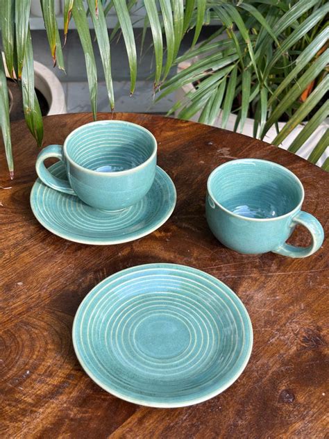 Blue Glaze Cappuccino Cups with Saucers (Set of 2) – House of Ceramics