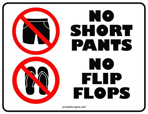 No Short Pants No Flip Flops Sign - Printable Signs