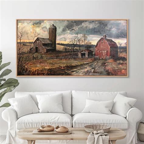 Vintage Farm Scene With Silos, Framed Canvas Print, Rustic Wall Art ...