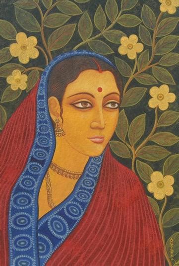 "Lramani Ii": Red Tempera Painting (15x22) by Suparna Dey – ArtZolo.com