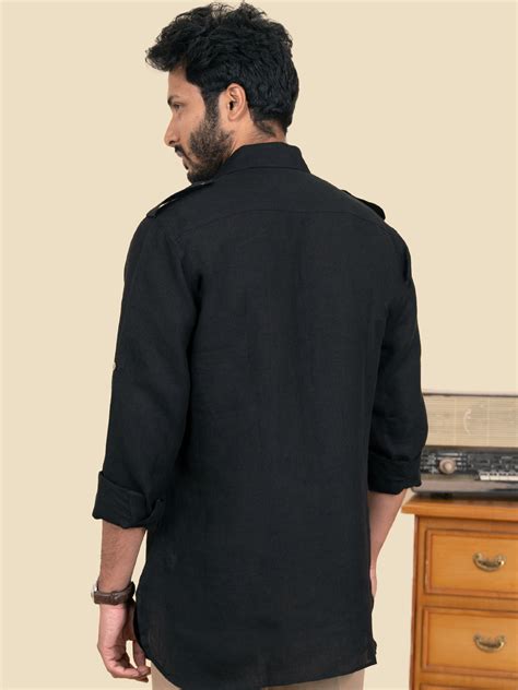 Black Full Sleeve Double Pocket Pure Linen Short Kurta – Linen Trail
