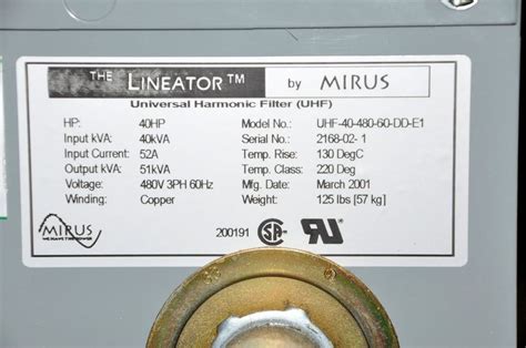 Mirus Model UHF-40-480-60-DD-E1, 40-HP, 40-KVA Lineator Transformer ...