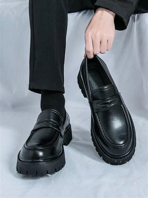 Men's Slip-On Loafers, Glossy Black Thick-Soled Non-Slip Fashionable ...