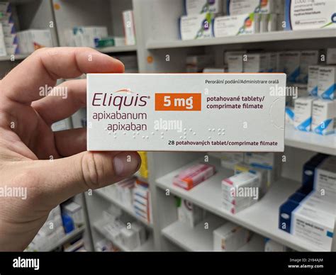 Prague,Czech Republic-March 1 2025: ELIQUIS box of tablets with ...