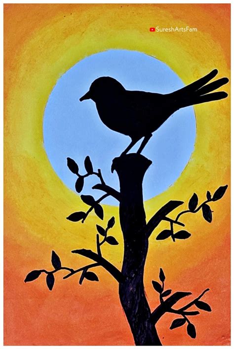 Easy Drawing With Oil Pastel For Beginners: Beautiful Bird in Sunset Scenery