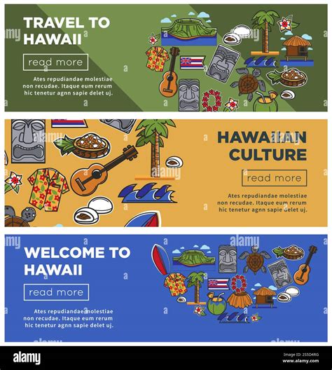 Hawaii travel web banners of Hawaiian famous symbols or tourist sightseeing attraction and ...