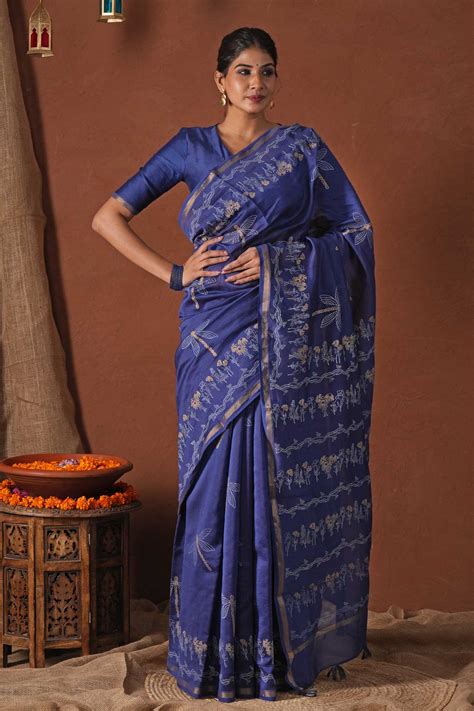 Hand Block Printed Chanderi Silk Saree | Golden Ocean |Sooti Syahi