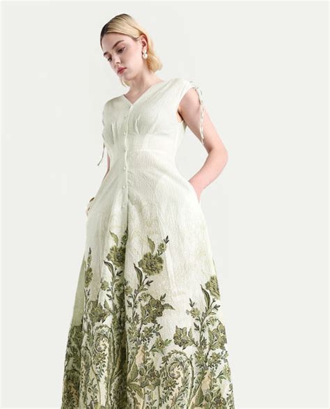 Rareism Women's Zurumi Light Green Cotton V-Neck Paisley Print Midi Re