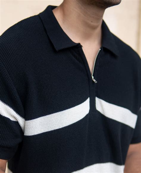 Black Striped Knit Polo T-Shirt – Powerlook