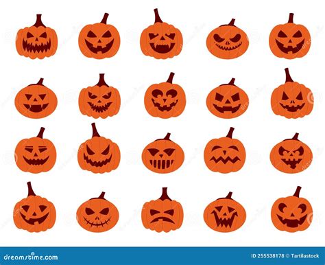 Pumpkin Faces. Cartoon Halloween Jack Characters with Scary Smiley and ...