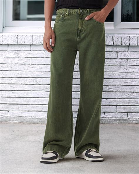 Buy Men's Olive Green Super Baggy Fit Acid Wash Mid-Rise Jeans Online ...