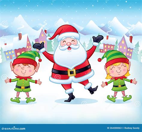 Happy Santa with Christmas Elves in Village Snow Scene Stock Image ...
