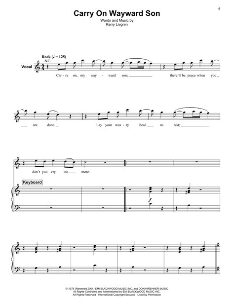 Carry On Wayward Son by Kansas Sheet Music for Keyboard Transcription ...