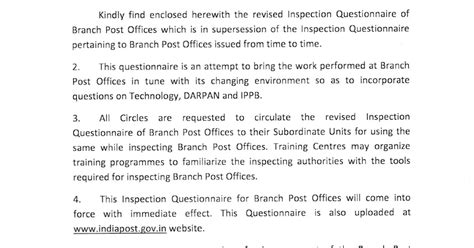 Revised Inspection Questionnaire for Branch Post Office Dated 09.08. ...