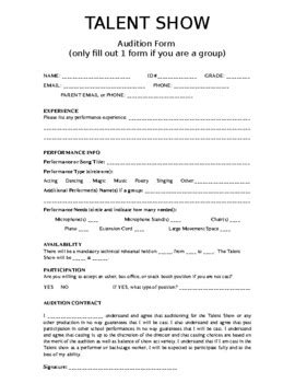 Talent Show Audition Form by Ms Snows Theater | TPT