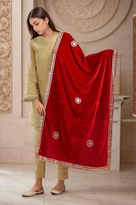 Buy Red Velvet Beads, Stones Floral Butti Dupatta For Women by Samyukta ...