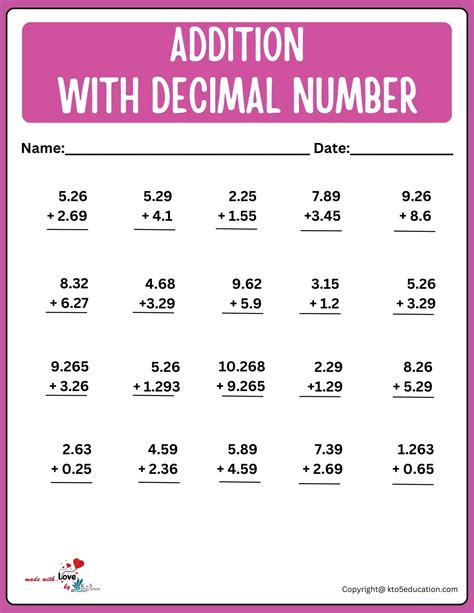 Addition with decimal number worksheet for 5th grade – Artofit