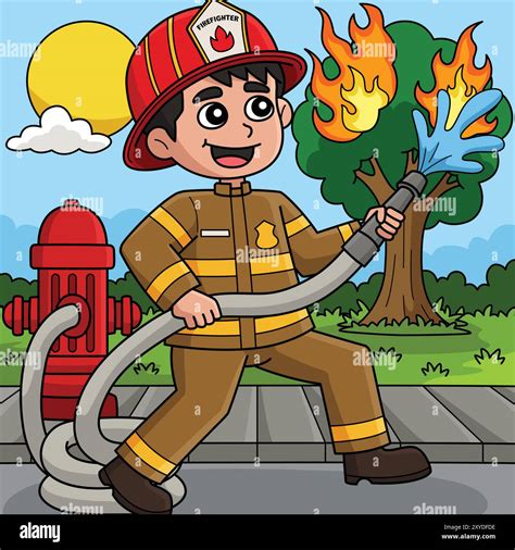 Firefighter Putting Out a Fire Colored Cartoon Stock Vector Image & Art ...