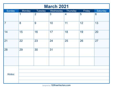 Free Download March 2021 Calendar Template