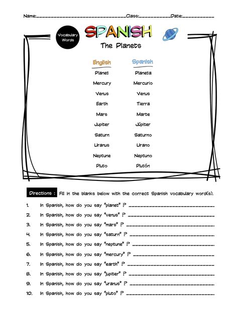 Spanish The Planets Vocabulary Word List Worksheet & Answer Key ...
