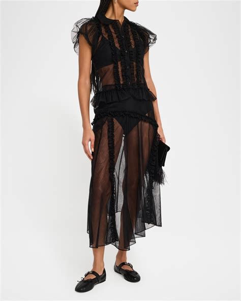 Simone Rocha Ruffle Paneled Sheer Midi Skirt | Neiman Marcus