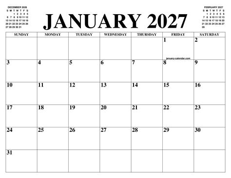 JANUARY 2027 CALENDAR OF THE MONTH: FREE PRINTABLE JANUARY CALENDAR OF ...