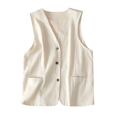 WREESH Womens Summer Cotton Linen Vest Casual V-Neck Button Vest Solid ...