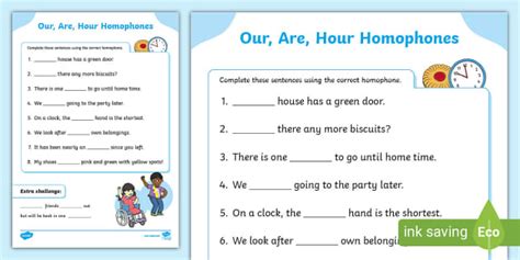 Our, Are, Hour Homophones Activity Sheet (teacher made)
