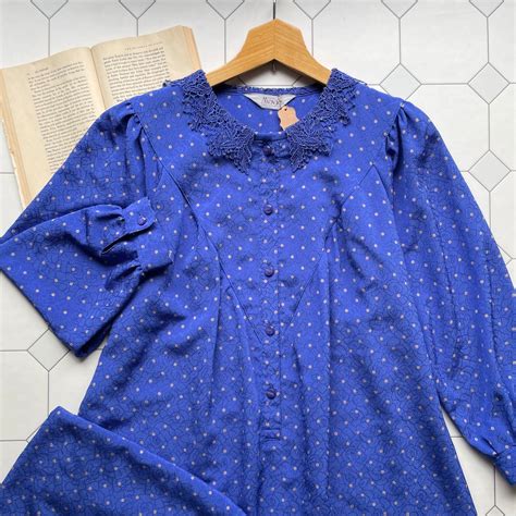 lace collar blue dot A-line dress〈レトロ古着 レース襟 ブルードット柄 Aラインワンピース 日本製 ...