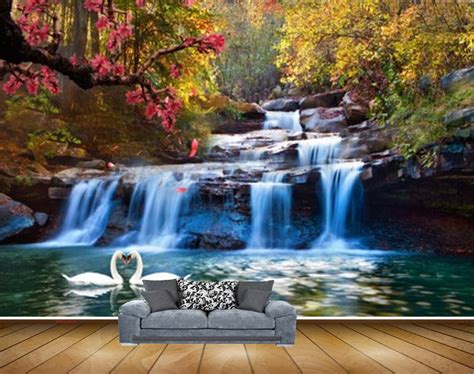 Avikalp MWZ2658 Waterfalls Trees Swans River Pond Water Forest HD Wall ...