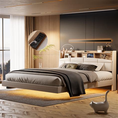 Amazon.com: Ball & Cast Luxury Upholstered King Size Bed with Floating Storage Nightstand LED ...
